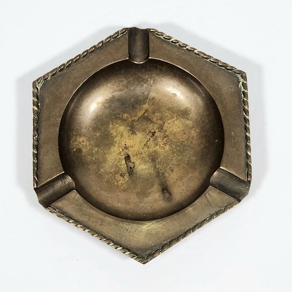 Vintage Solid Brass Ashtray Trinket Coin Tray Dish Retro Decor Rope India Patina - Picture 3 of 12